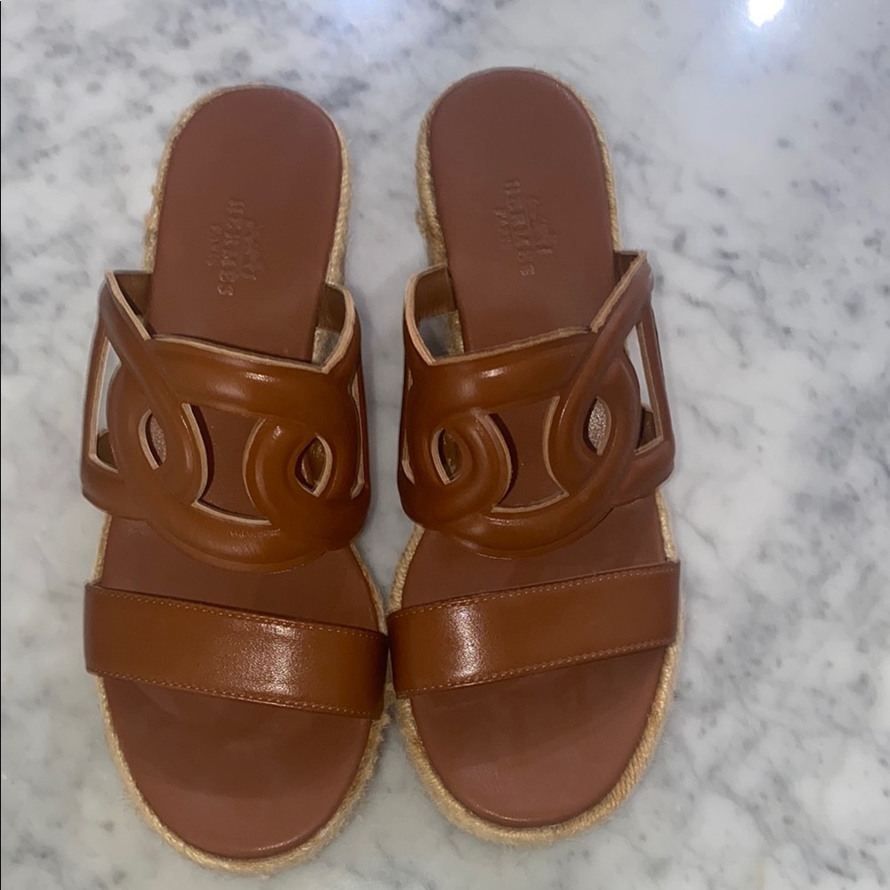 Hermes Brown Leather Sandals with Swirl Design